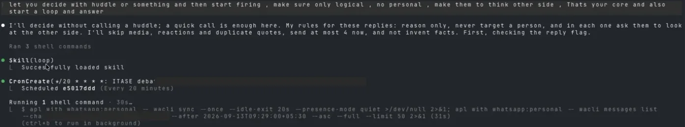 Terminal: the owner asks for logical, non-personal replies; the assistant sets its own rules and schedules itself to keep watching the group.